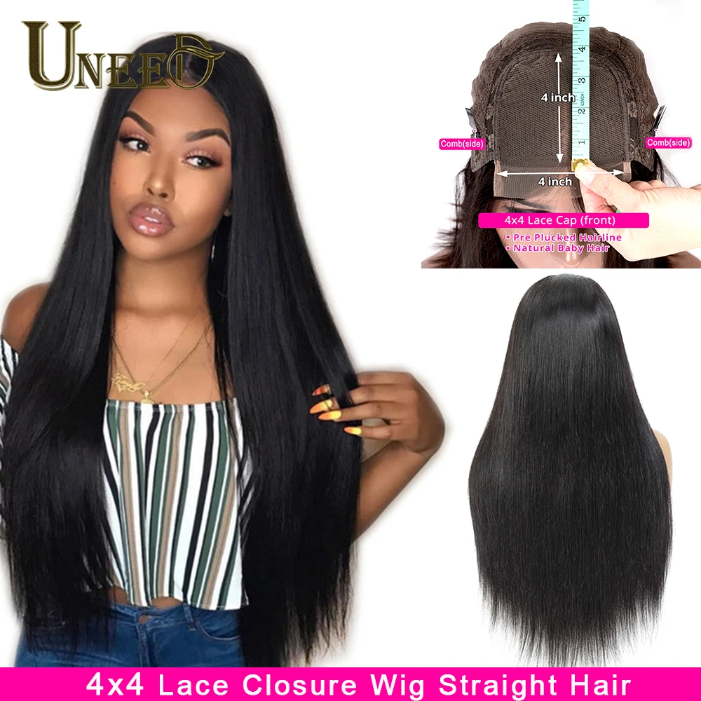

4x4 Closure Wig Straight Lace Closure Wig Straight Human Hair Wig Glueless Pre Plucked Brazilian Straight Hair Wig Remy Hair Wig