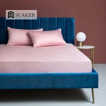 

Suaker Women Luxury 100% Cotton Pink Fitted Sheet Top Grade Queen King Bed Sheet Flat Sheet With Elastic Band Sheet Pillowcase