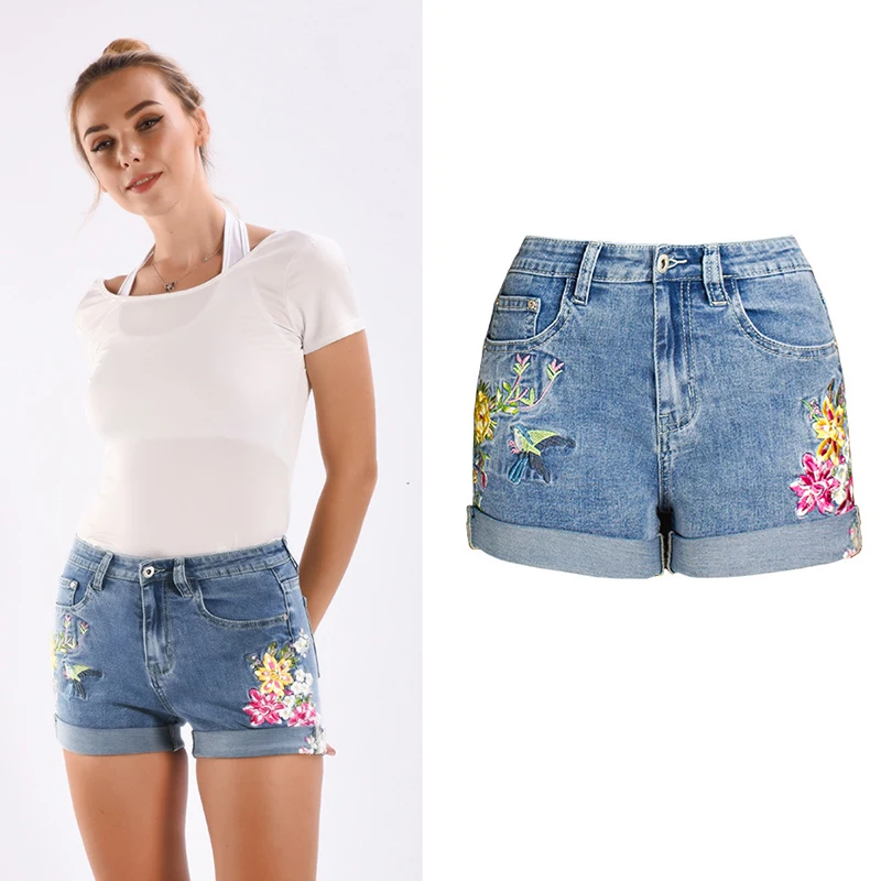 

Women's Denim Shorts Plus Size S-4XL Stretch Slim-fit Embroidered Flower Denim Shorts