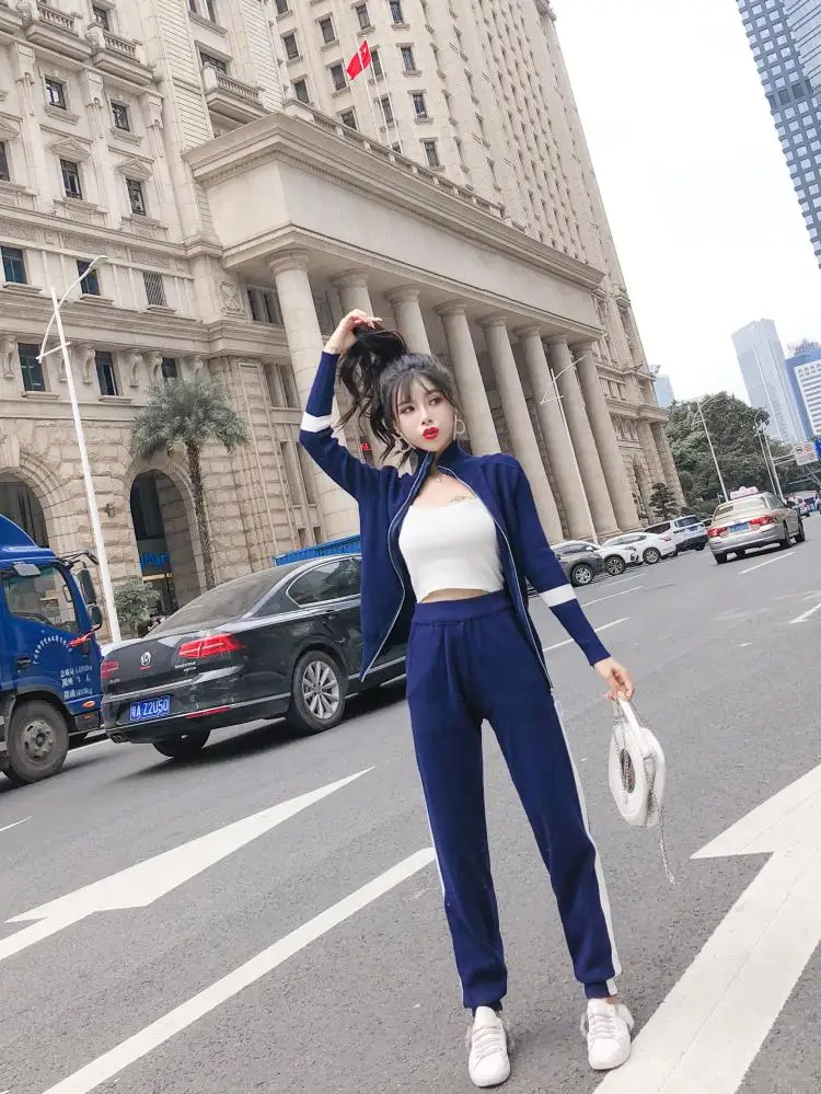 New Women Long Sleeve Zipper Knitted Jacket Coats+Pencil Pants Woman Fashion Knitted Tracksuits Slim Sweaters Trousers 2 PCS