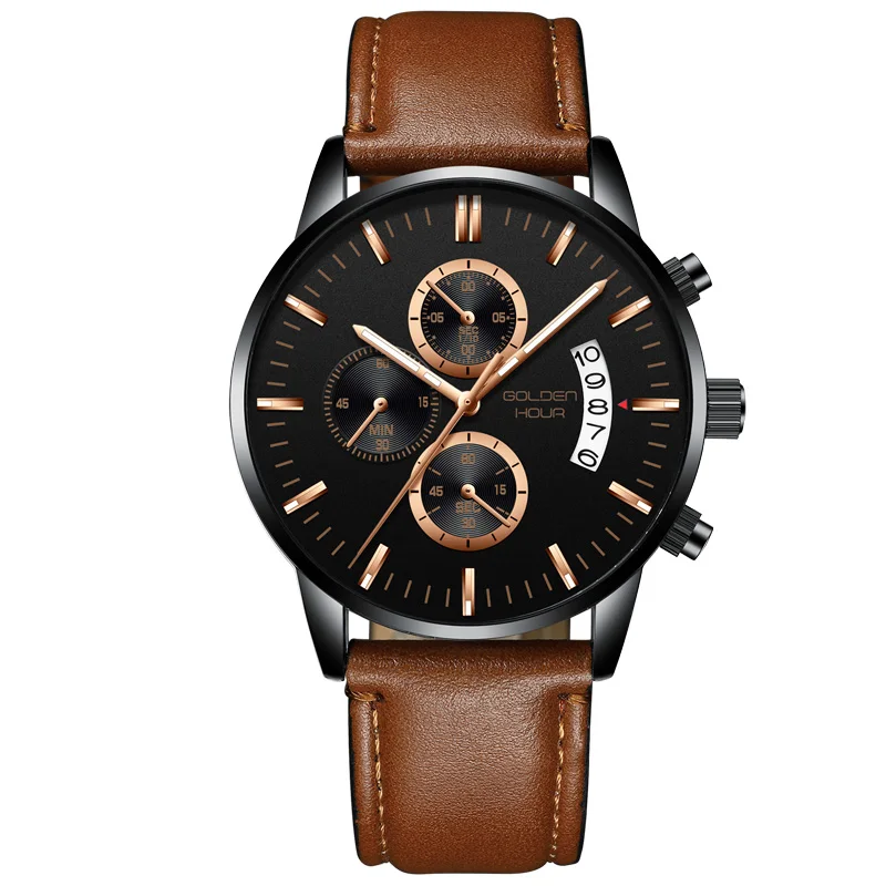 L-rose gold black GOLEDNHOUR часы мужские водонепроницаемые наручные часы с кожаным ремешком спортивный хронограф мужские часы календарь кварцевые мужские часы Relogio Masculino - Цвет: L-rose gold black