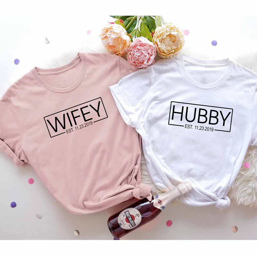 

Wifey Hubby футболка из чистого хлопка, смешные унисекс Топы для новорожденных, милый подарок для поездки на медовый месяц, футболка для женщин, Прямая поставка