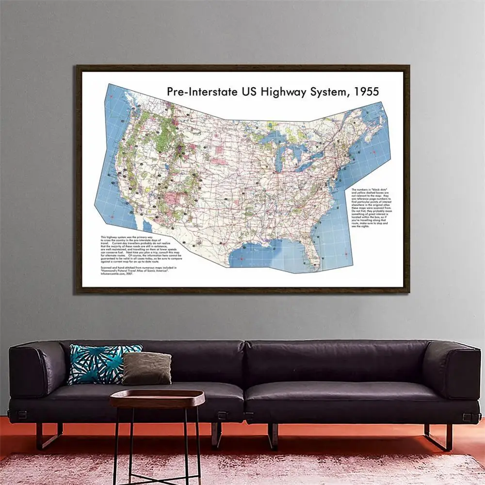 

150x225cm 1955 US Highway Map Theme Posters and Prints Study/Living Room Wall Art Pictures canvas Paintings Home Decoration