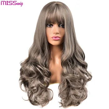 

MISS WIG Long Wavy Wigs for Black Women African American Synthetic Hair pink Brown Wigs with Bangs Heat Resistant Wig