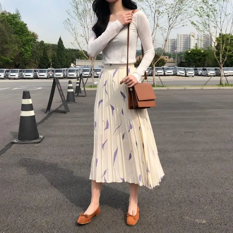 Высокое качество Осенняя юбка с высокой талией тонкая плиссированная юбка с принтом листьев элегантная длинная Плиссированная юбка плюс размер юбка женские юбки