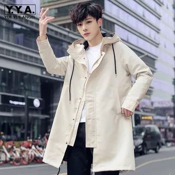 

Autumn Windbreaker Men Loose Fit Hoody Trench Casual Safari Style Mid Long Coat Teenager Outerwear Trench Solid Colors Plus Size
