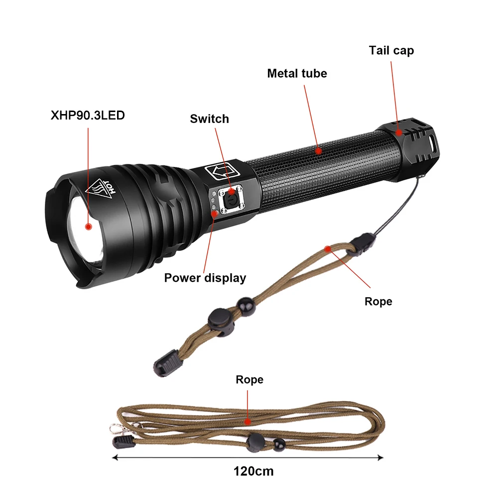 rechargeable led torch 2021 Newest XHP90.3 Powerful Led Flashlight 18650 Torch Light Xhp90 Rechargeable Tactical Flashlight Cree XHP50 Zoom Work Lamp police torch