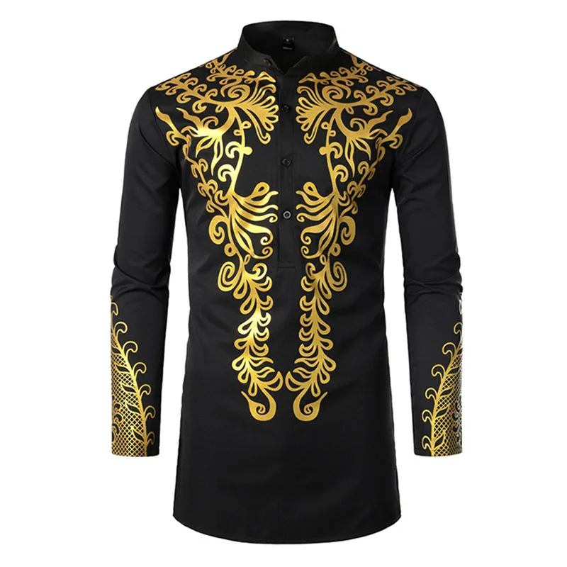 African Golden Polished Dress Shirts Long Tunic Mens Fashion Print Button Up Bridegroom Top Stand Collar Clothes Black Plus Size - Цвет: Black