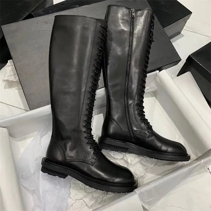 Sapato feminino/зимние черные сапоги до колена в байкерском стиле; женская модная женская обувь на шнуровке с круглым носком; Botines Mujer;