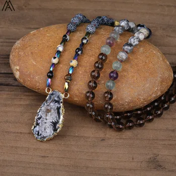 

Freeform Druzy Agates Slab Pendant Natural Smoky Color Quartz 8mm Beads Cord Knotted Handmade Necklace Long 32 Inch N0420AMCE