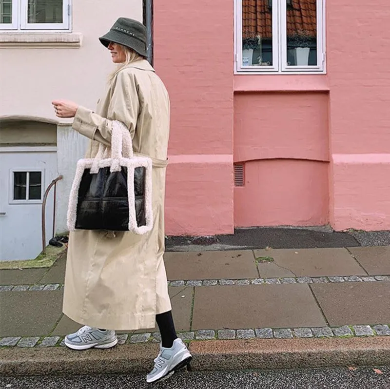 Fashion Lambswool Pu Patchwork Large Totes Designer Women Handbags Luxury Leather Shoulder Bag Big Capacity Buckets Purse Winter