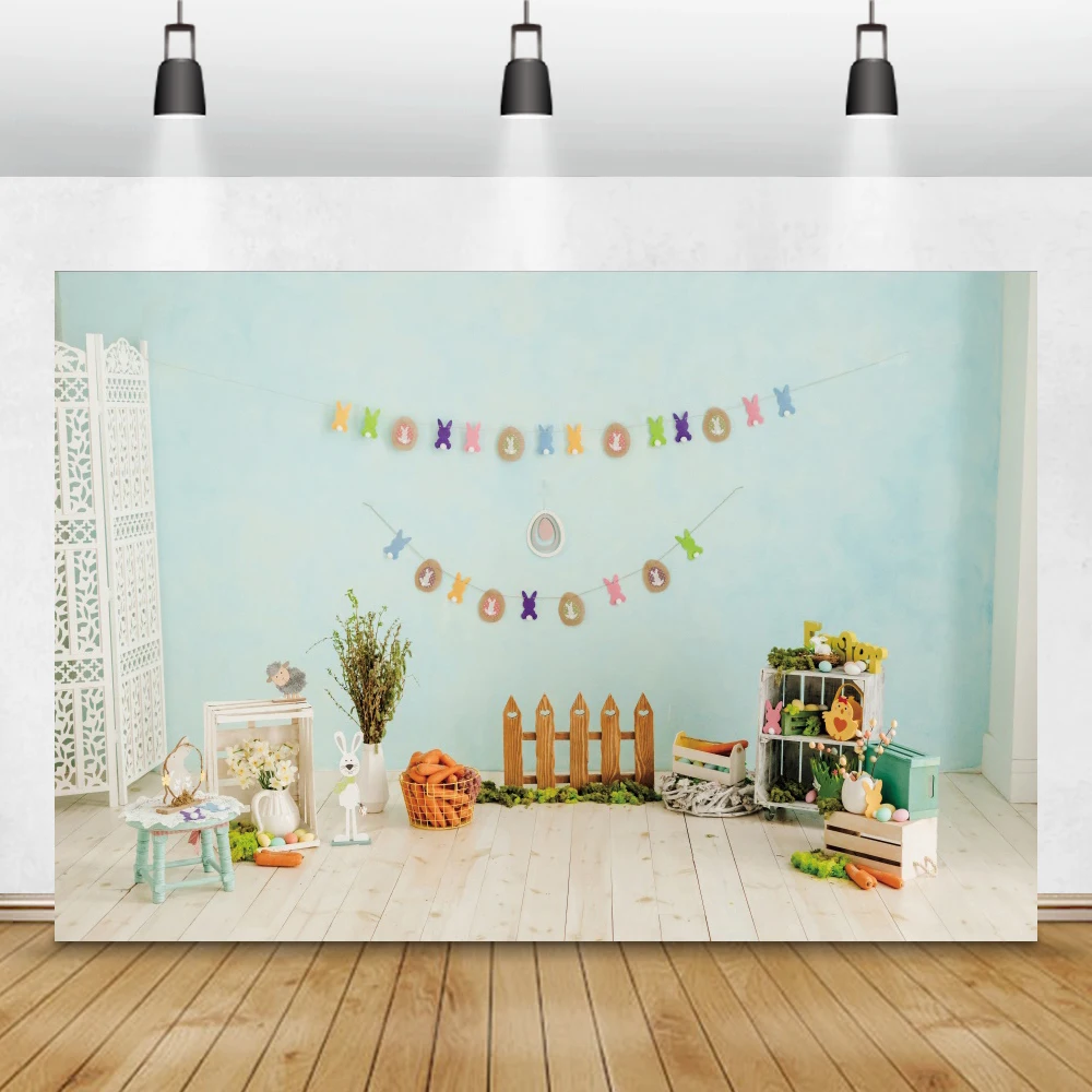 

Laeacco Spring Flowers Easter Eggs Rabbit Photography Backdrop Fence Grass Baby Interior Easter Photo Background Photo Studio