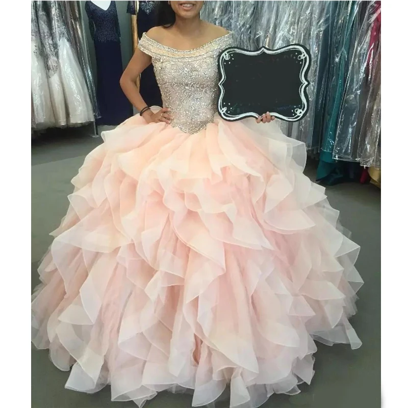 

Off the Shoulder Light Pink Quinceanera Dresses Beaded Crystal Ball Gown Sweet 16 Dresses Ruffles Tulle Prom Dresses Lace Up