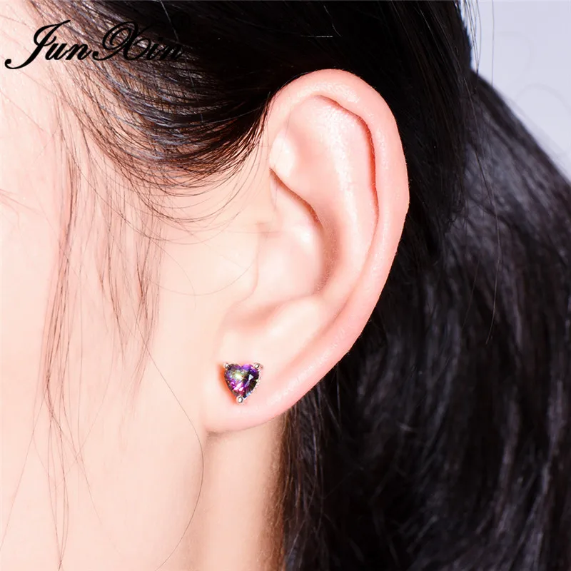Girls Cute Heart Stud Earrings For Women White Gold Color Brilliant White Zircon Blue Purple Austrian Crystal Wedding Studs Cz