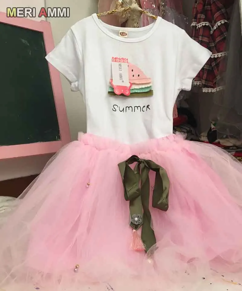 pinkwatermelon MERI AMMI/комплект из 2 предметов; детская одежда для девочек; комплект одежды; футболка без рукавов с цветочным рисунком+ юбка с цветочным рисунком для От 2 до 13 лет девочек - Цвет: pinkwatermelon