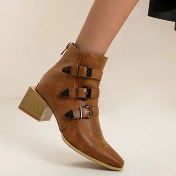 

Autumn Winter New Ankle Boots For Women Shoes Chunky Heel Ankle Boots Lasdies Fashion Woman PU Leather Retro Female Boots