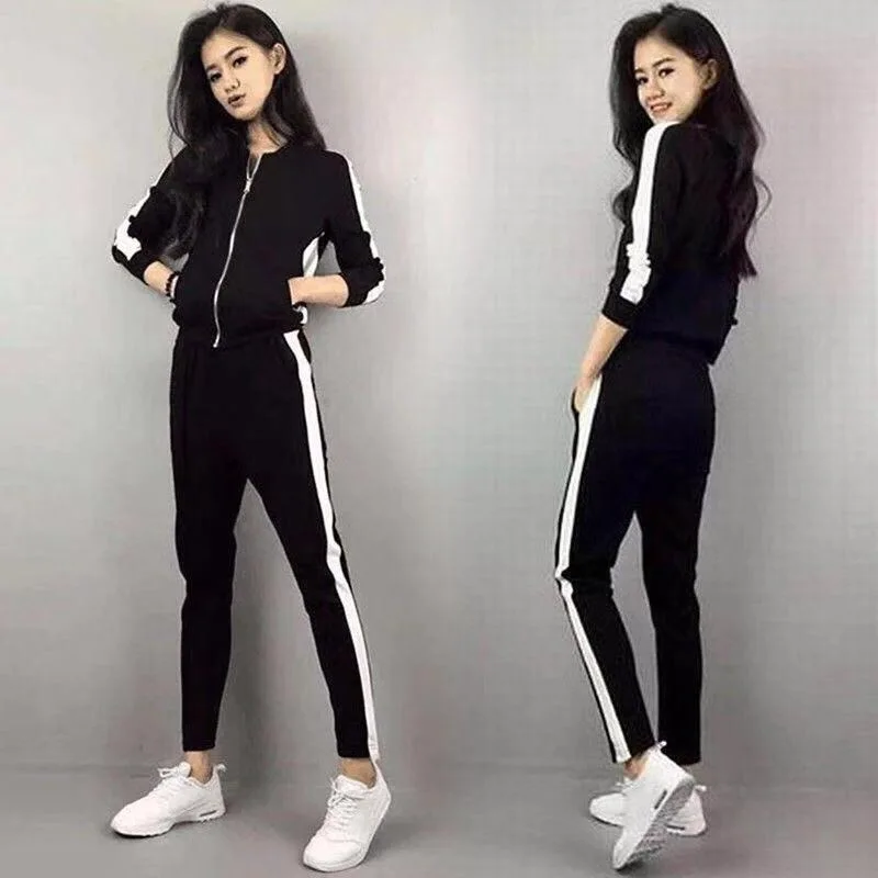 

Casual Sportswear Suit Spring Autumn Women's Sweat Suit Set 2 Piece Outfits Top and Long Pants Side Striped Two-piece Suit Black