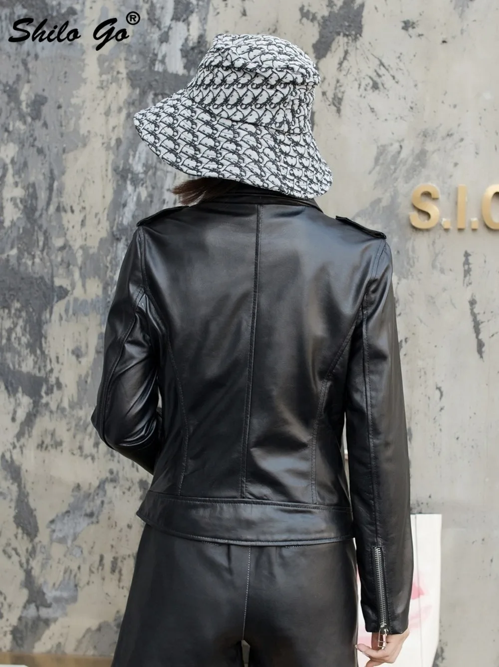 Genuine Leather Jacket Moto Notched Neck Buckle Betled Black Jacket Coats Women Autumn Casual Highstreet Long Sleeve Fit Outwear