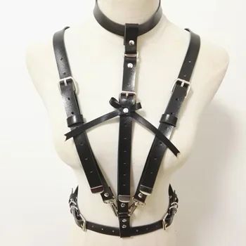 

Harness Punk Leather Handmade Body Women Bondage Sexy Harajuku Bra two rows Belt Metal O-round Stud rivet chest belt Waist belt