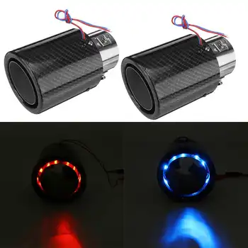 

35-61mm Universal Car Straight / Curling Edge Carbon Fiber Tail Exhaust Muffler Tip Steel Pipe with Red / Blue LED Light