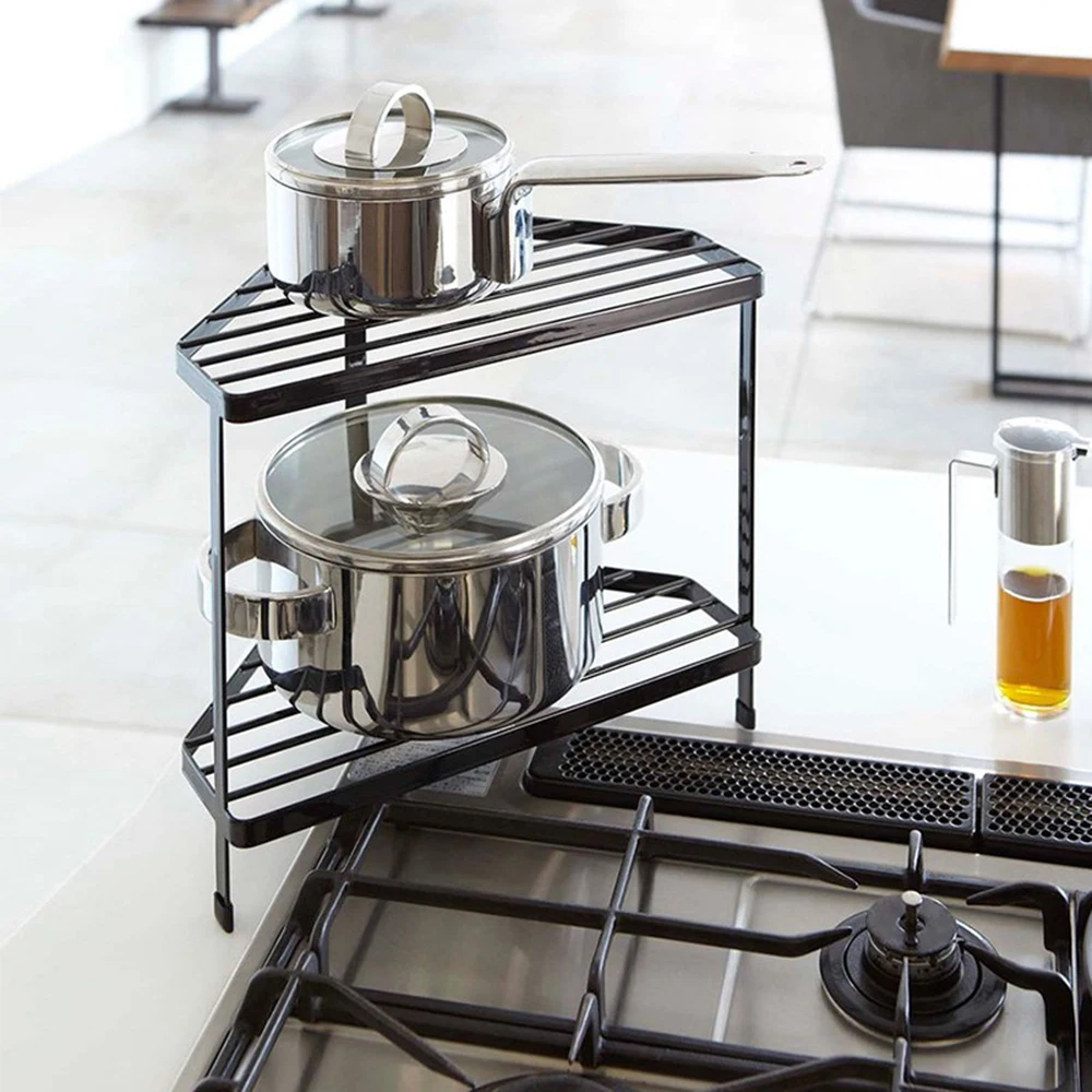 

Triangle Storage Rack Kitchen Corner Shelf 2 Layers Pot Shelf Dish Drying Hanger Stove Storage Organizer Kitchen Accessories