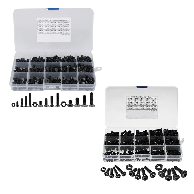 

2 Set M3 M4 M5 Alloy Steel Countersunk Flat Head Hex Socket Cap Screws Nuts Set Assortment Kit Precise Metric Bolts Nuts Set, 1