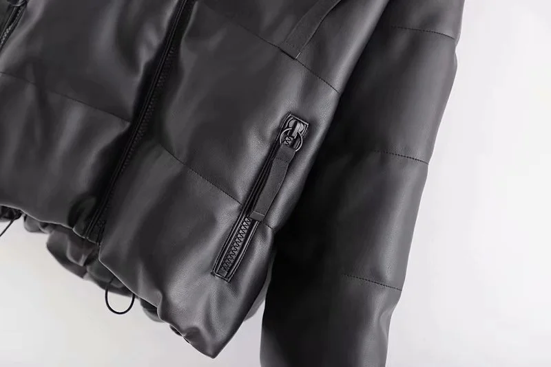FCCEXIO PU Leather Parkas Women Fashion Hooded Faux Leather Coats Women Elegant Zipper Cotton Jackets Female Office Lady Coat