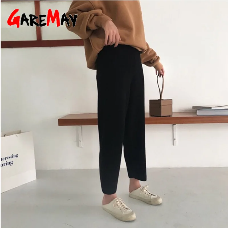 

GareMay Autumn Winter Harem Pants Casual Wide Solid Wool Pants for Women Ankle-length Wide Leg Winter Trousers 2019