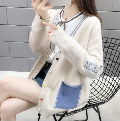 New sweater women v-neck button pocket long sleeve Knitted autumn and winter loose Korean cardigan sweaters