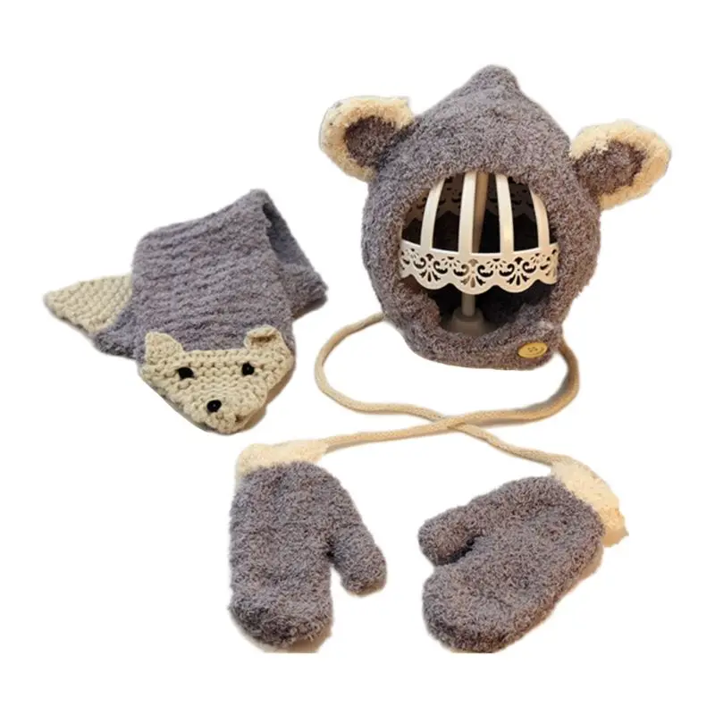 Gray-3PCS 3 In 1 Toddler Baby Kids Thicken Plush Beanie Cap Scarf Gloves Set Cute Cartoon Fox Animal Earflap Hat Winter Warmer for 5-18M - Цвет: Gray-3PCS