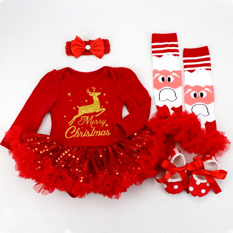 Рождественская одежда для маленьких девочек, костюм для новорожденных «Мой первый Рождественский костюм», Roupa, Детские ползунки с юбкой-пачкой, платье для девочек, детский кружевной комплект одежды из 4 предметов - Цвет: 1