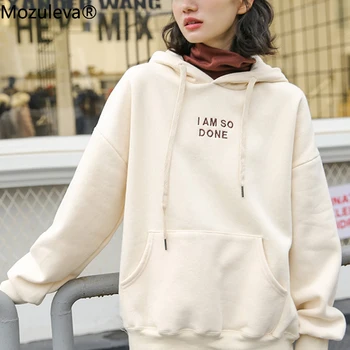 

Mozuleva 100% Cotton Autumn Letter Print Fleece Sweatshirts Women Oversize Ladies Thicken Pullover Hoodies Pockets 2020 New