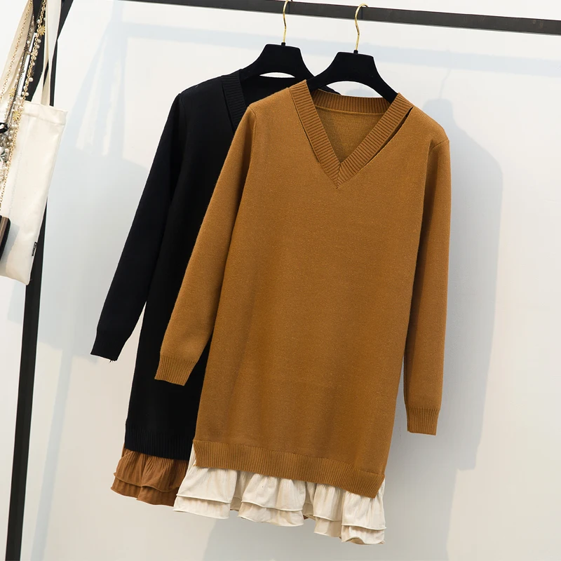 

Large-size Women's Wear, Fat Mmv Collar, Long Sleeve, Solid Color Stitching, Slightly Fat Knitted Sweater, Medium-length Dress A