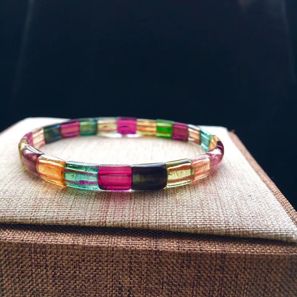 

Natural Colorful Rainbow Tourmaline Crystal Bracelet For Women Lady 8x6.5mm Clear Rectangle Brazil Beads Bangle Bracelet AAAAA