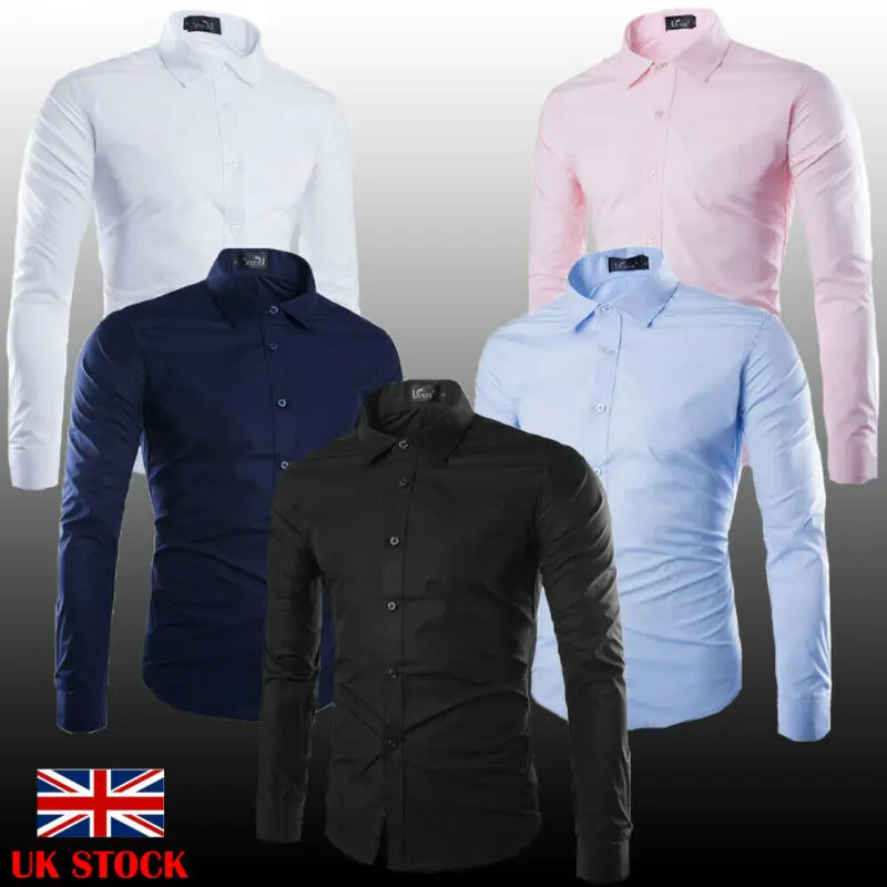 UK Men Stand Collar Shirts Slim Fit Button Down Dress Formal Casual T