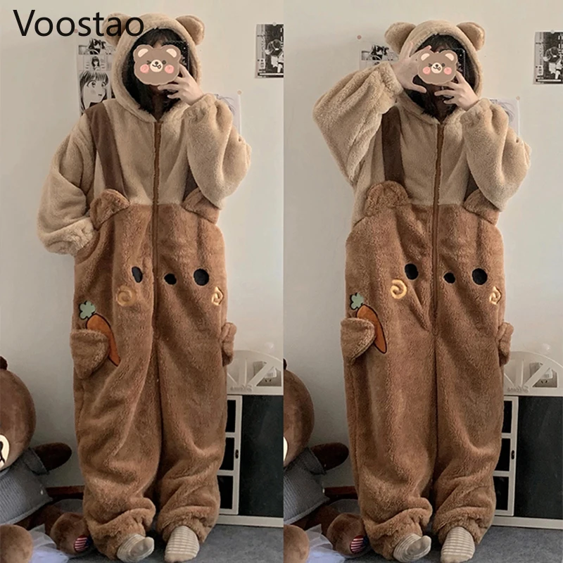 

Autumn Winter Women Cute Onesies Pajamas Coral Fleece Warm Cartoon Bear Ears Hooded Sleepwear Girls Sweet Home Clothes Pyjamas