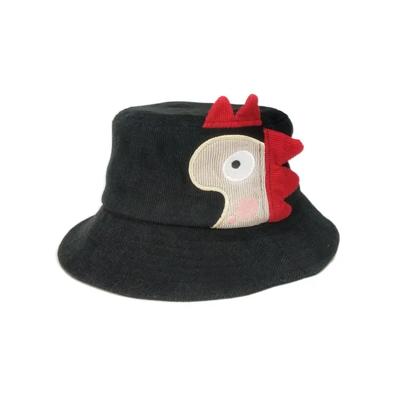 Toddler Kids Corduroy Bucket Cap Cute Cartoon 3D Dinosaur Applique Wide Brim Hat - Цвет: Черный