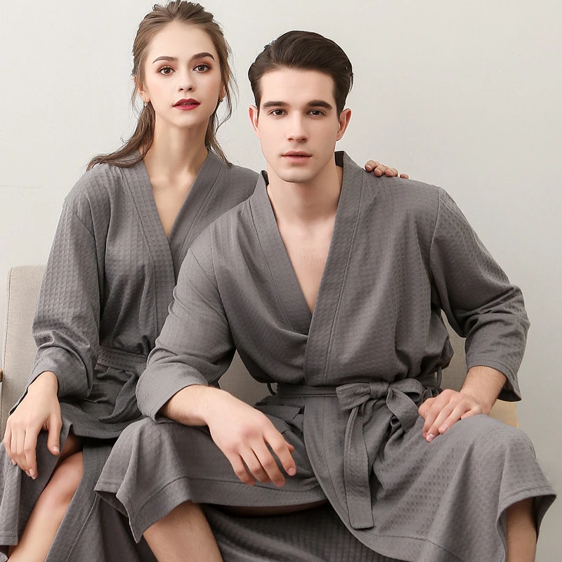 Spring and Summer Couple Nightgown One Piece Solid Color Waffle Cardigan Three-Quarter Sleeve Robe mens silk pajamas