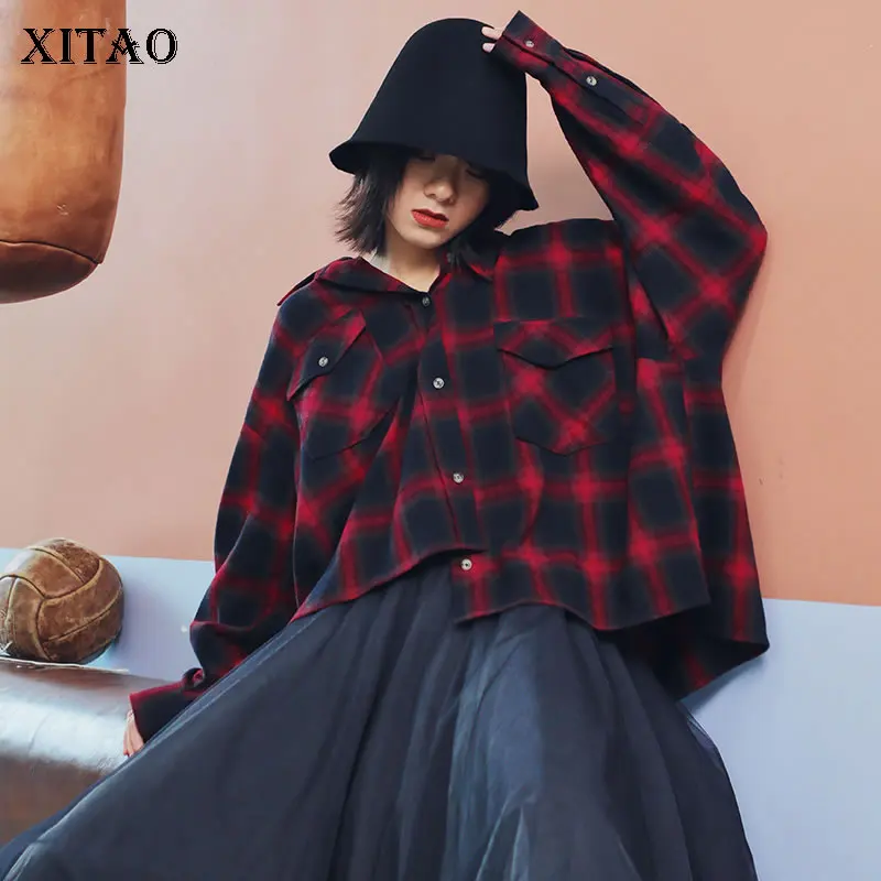 XITAO Асимметричная черная красная клетчатая блузка подходит всем женщинам одежда карман свободный отложной воротник рукав «летучая мышь» Новинка GCC1167