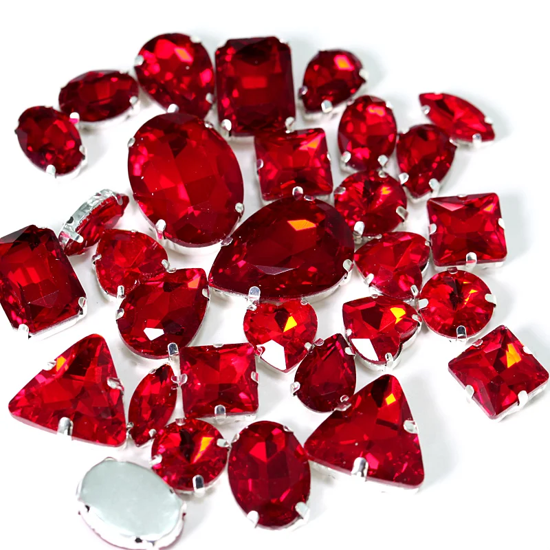 

Sell at a loss! High Quality Mixed Shape Red Glass Sew On Rhinestones Gold claw Faltback Sew On Claw Rhinestones For Bags Y3512