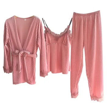 

3 Pcs Pajama Set Women Golden Velvet Sleepwear Solid V-Neck Lace Sexy Bathrobe Comfortable and Warm Winter Homewear Lounge Wear
