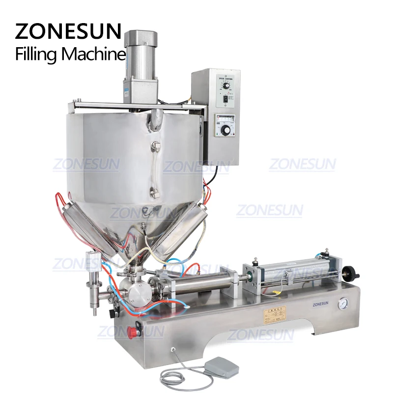ZONESUN пневматический наполнитель с миксером нагревательная бутылка для пасты машина для наполнения вязкой жидкости шоколадного соуса упаковочное оборудование
