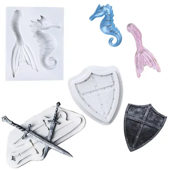 

Non-stick 3D Silicone Cake Mold Lovely Hippocampus Shield Knight Battle Swords Sugarcraft Fondant Molds DIY Cake Decorating Tool