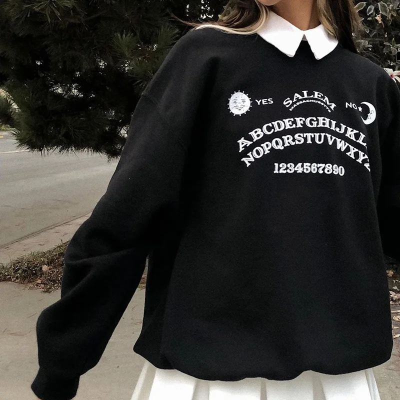 InsDoit Harajuku estampado clásico con letras negro sudaderas con capucha Streetwear largo de gran tamaño manga larga sudaderas con capucha de las mujeres de la Universidad otoño Camisetas largas