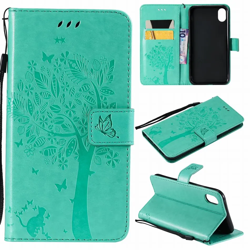 Чехол-книжка с бабочкой, кошкой, деревом для iPhone 8, 7, 6, 6S Plus, X, XR, XS, 11 Pro Max, бумажник из искусственной кожи, сумки для телефона, чистый цвет, DP06Z - Цвет: Green B