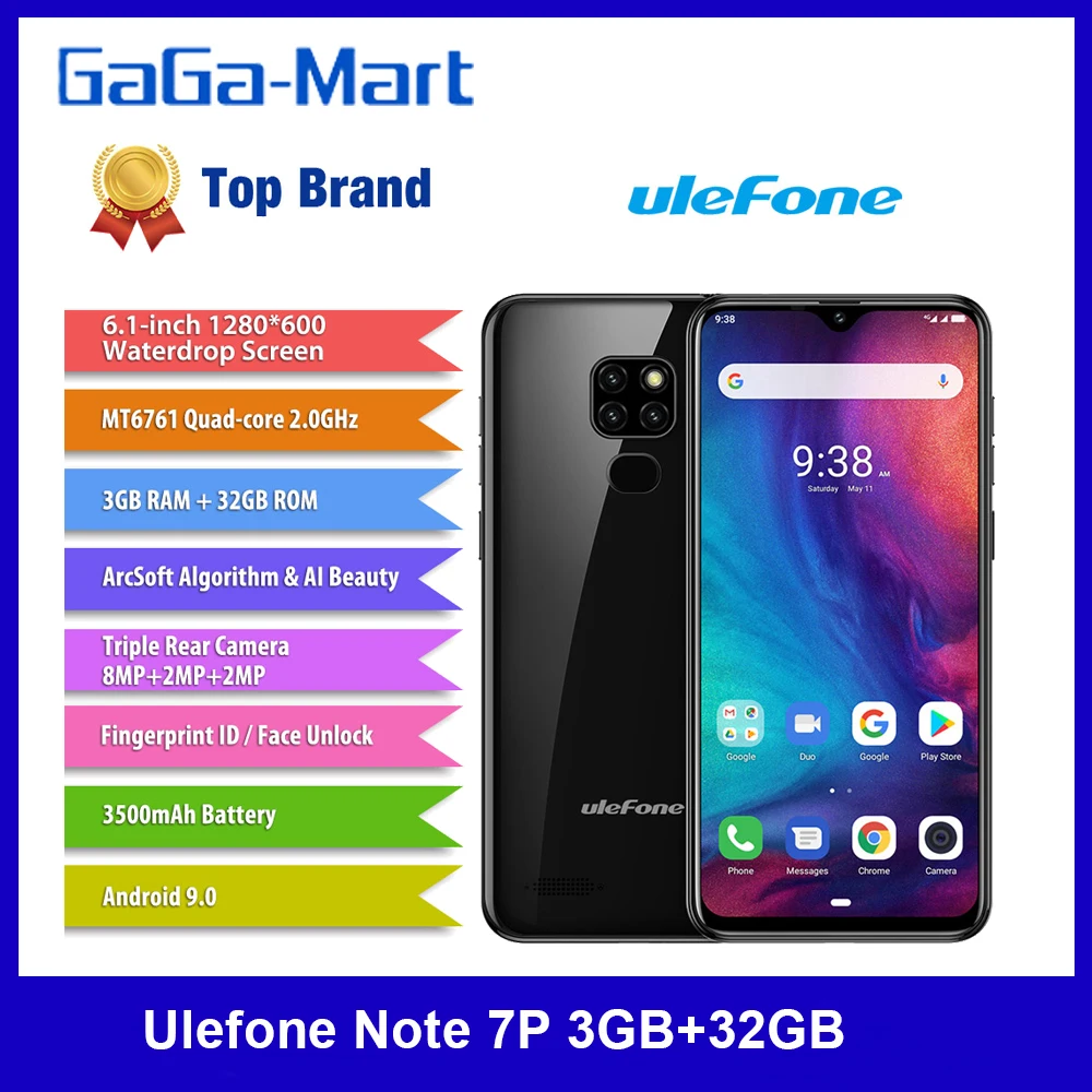 Смартфон Ulefone Note 7P 6 1 дюйма 3 + 32 ГБ Android 9 0 8 Мп тройная тыловая камера 3500 мАч сканер