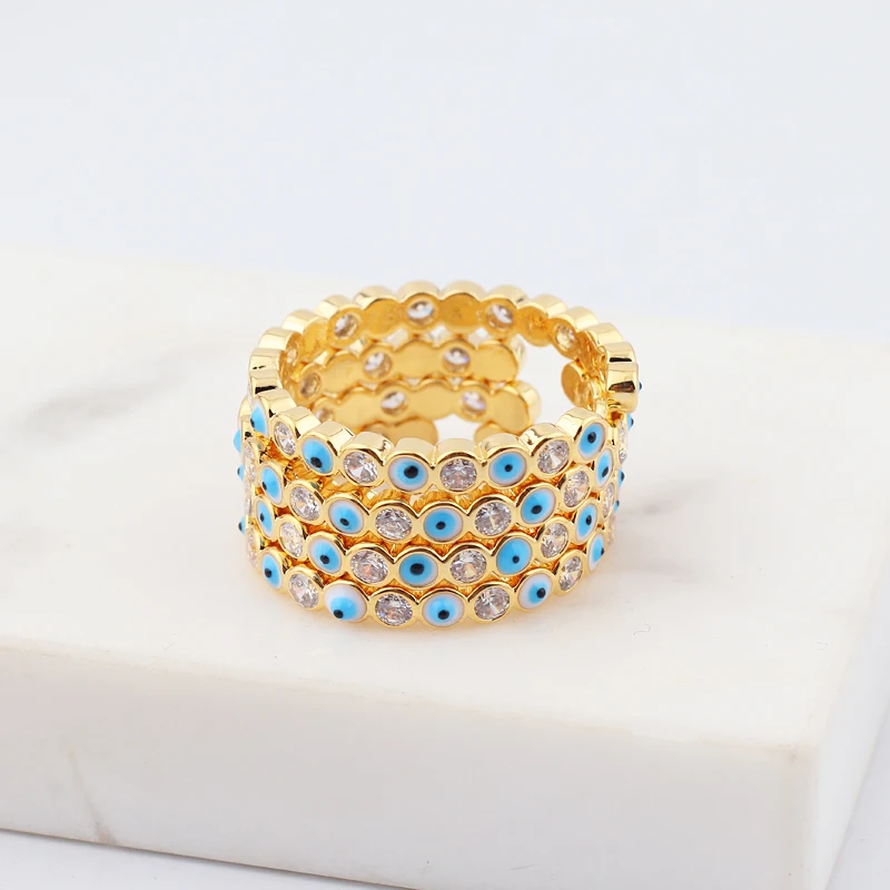 Lucky Eye Blue Turkish Evil Eye Open Ring Copper Gold Color Finger Rings Adjustable for Women Girls Men Fashion Jewelry