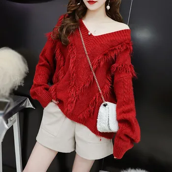 

Fashion Sweater Pullover Women Autumn Casual V-neck Lantern Long Sleeve Tassel Loose Lazy Style Sweaters