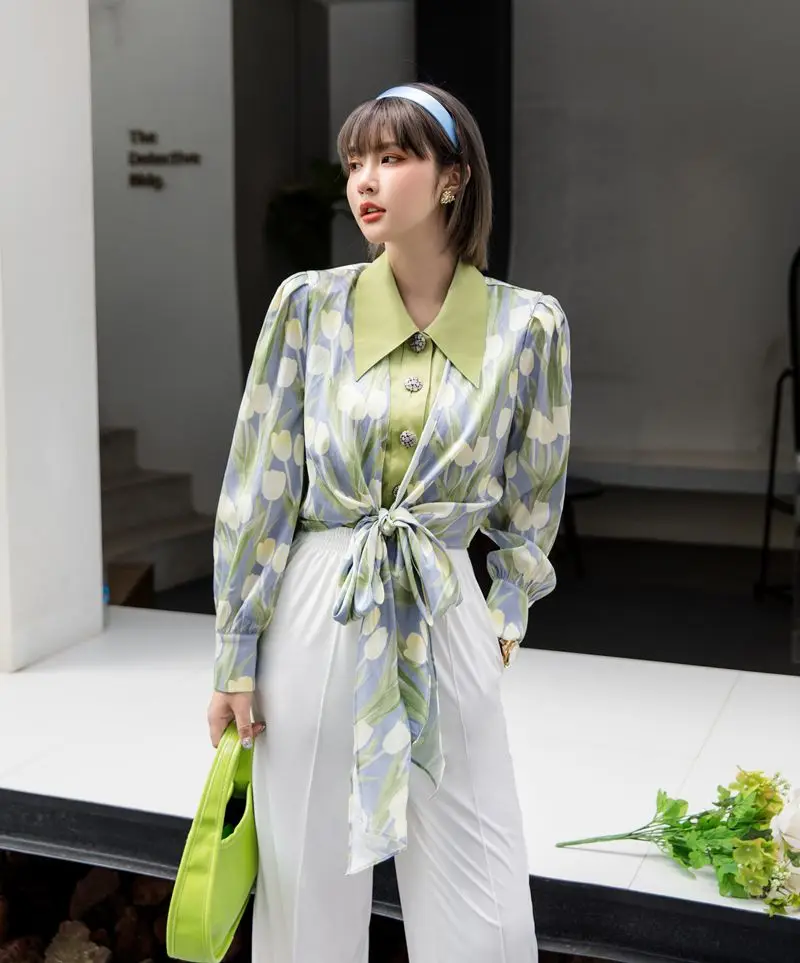 CHEERART Tulip Floral Green Korean Blouse Women