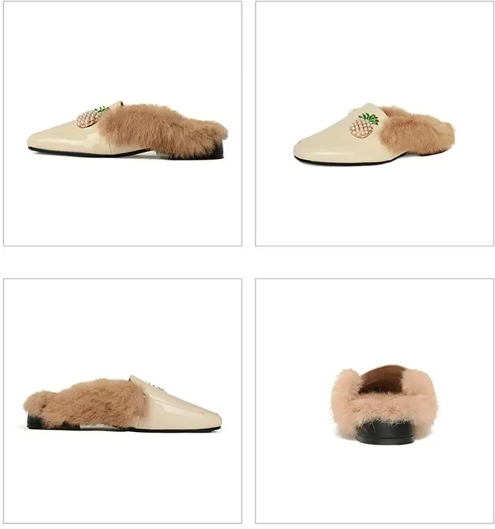 Womens Real Rabbit Fur Backless Pineapple Pearls Leather Slipper Mule Slide Princetown Shoes Square Toe Mules Warm